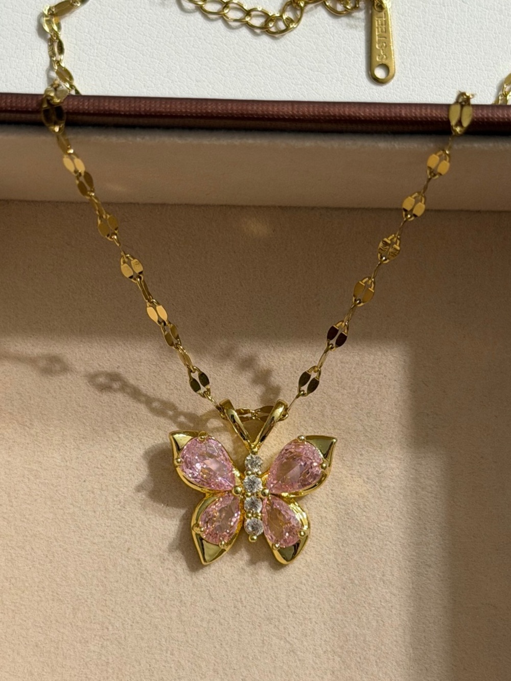Golden Pink Zirconia Butterfly Stainless Steel Stamped Necklace Chain